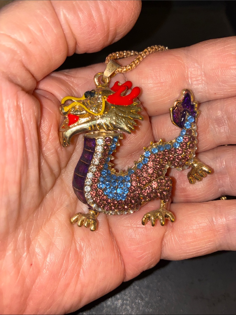 Gold-Tone Dragon Pendant Encrusted in Colored Crystals. Dragon Head Moves.